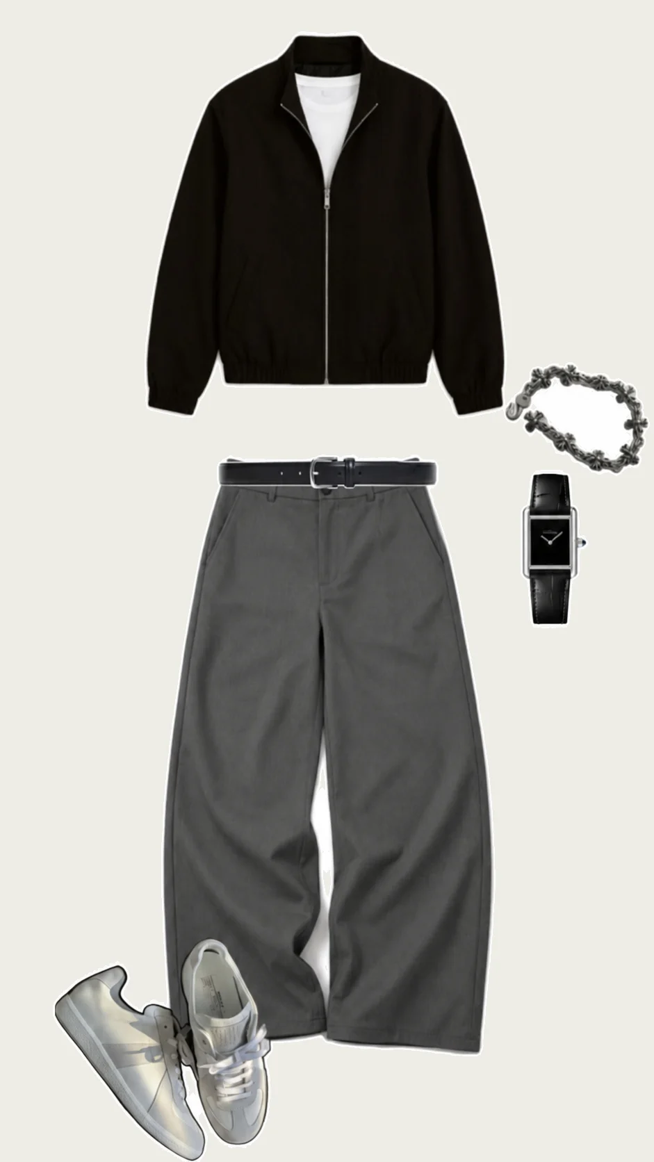 Siyah polo, sade tavır — Siyah polo yaka tişört, Siyah bol pantolon, Siyah loafer, Siyah kemer, Metal kordonlu saat, Siyah kartlık, Parfüm