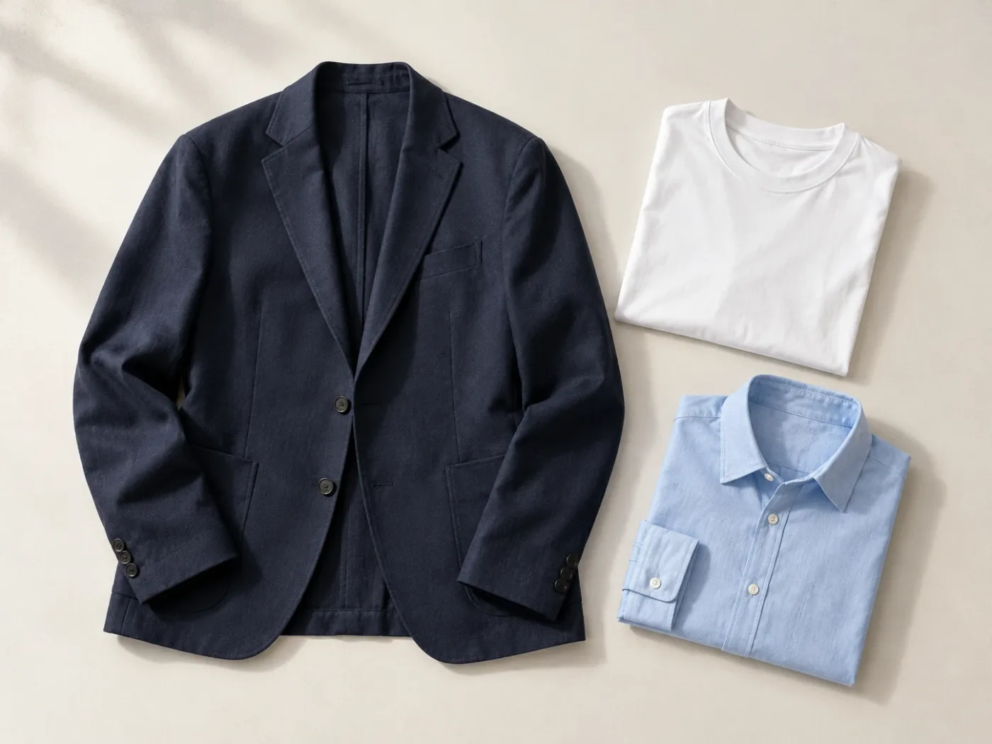 Lacivert blazer, beyaz tişört ve açık mavi gömlek